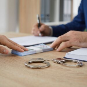 Bail bondsmen writing something on a piece of paper. 