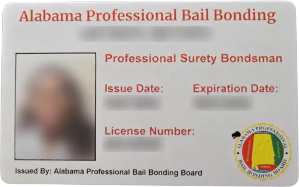 Alabama Professional Bail Bonding Board license card for a Professional Surety Bondsman, personal details blurred